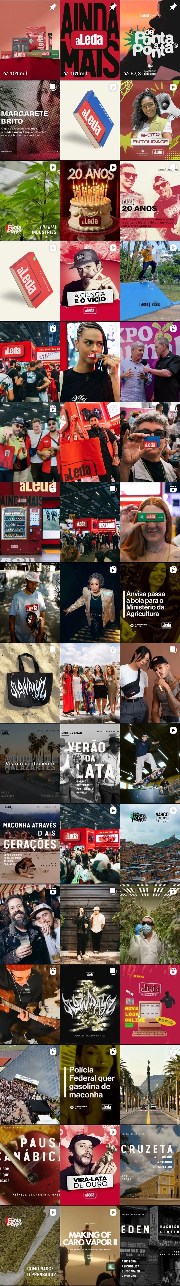 Feed atual da aLeda: Ainda Mais, De Ponta a Ponta, 20 anos, Slowdayz, loja online e cobertura de cultura canábica