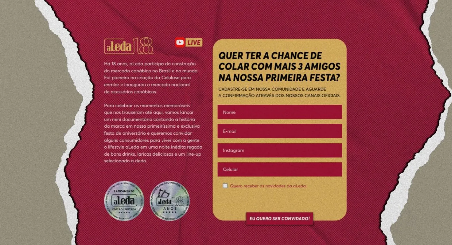 Cadastro para participar da festa aLeda 18 anos