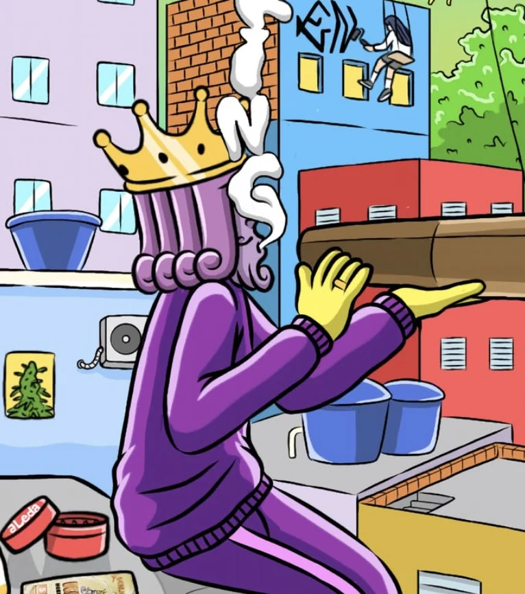 Arte do Illustraweed: O Rei na laje, de costas, com a fumaça subindo