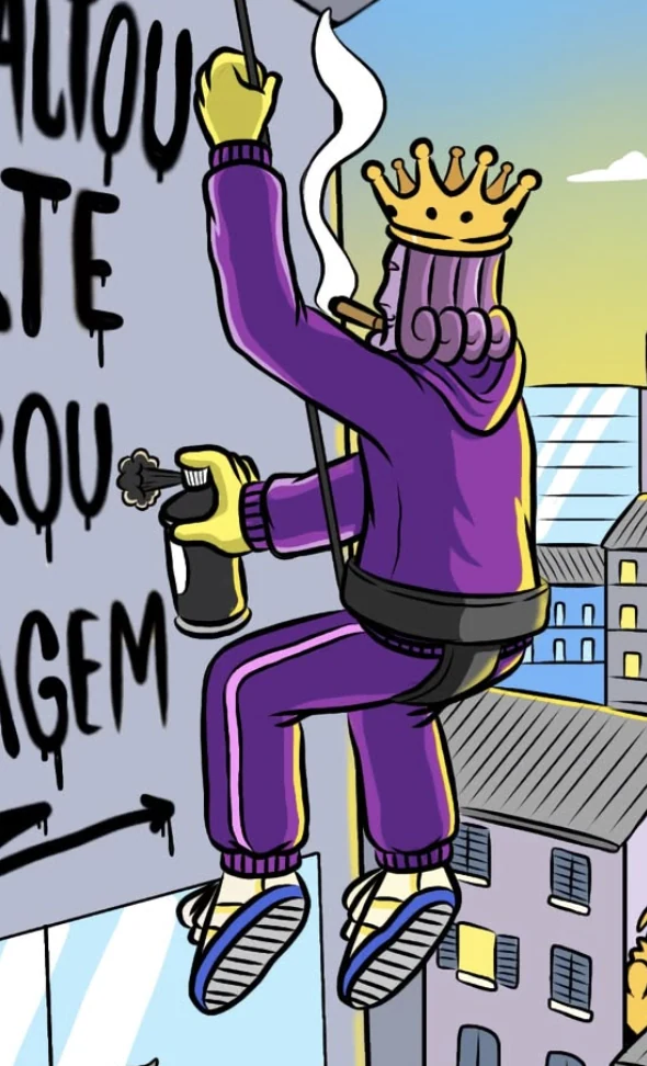 Arte do Illustraweed: O Rei pendurado na corda pichando o muro, de costas