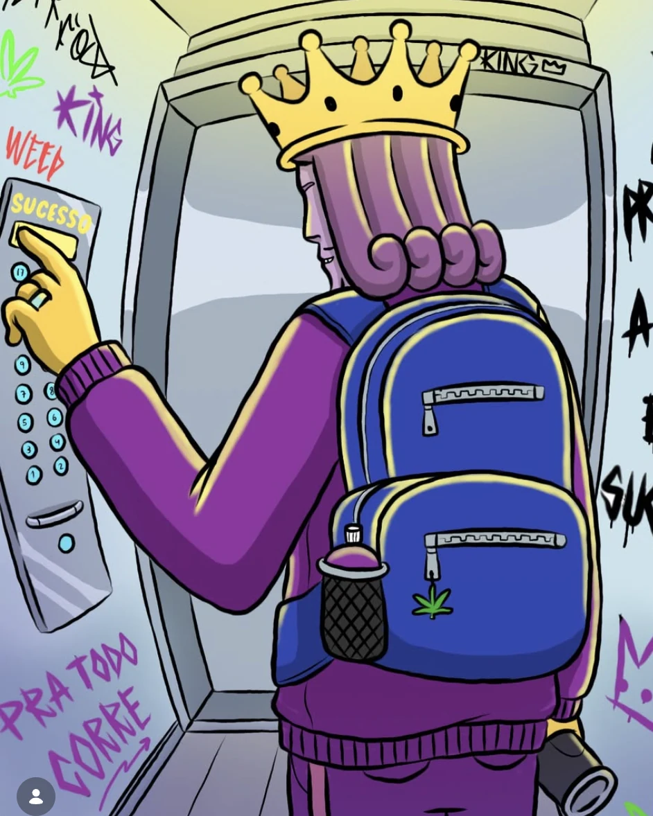 Arte do Illustraweed: O Rei de costas no elevador, apertando o botão do sucesso
