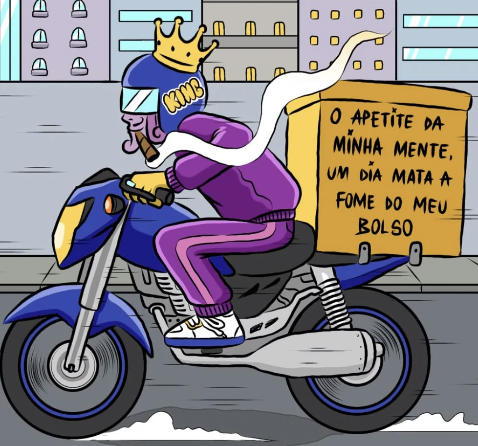 Arte do Illustraweed: O Rei de capacete na moto de entrega