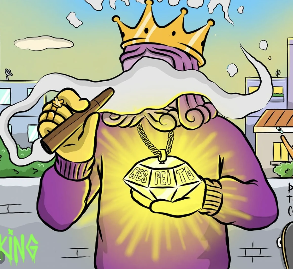 Arte do Illustraweed: O Rei segurando o pingente do respeito, com o rosto coberto pela fumaça
