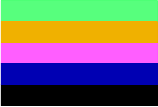 A paleta da MEOW em cinco faixas: verde, amarelo, magenta, azul e preto