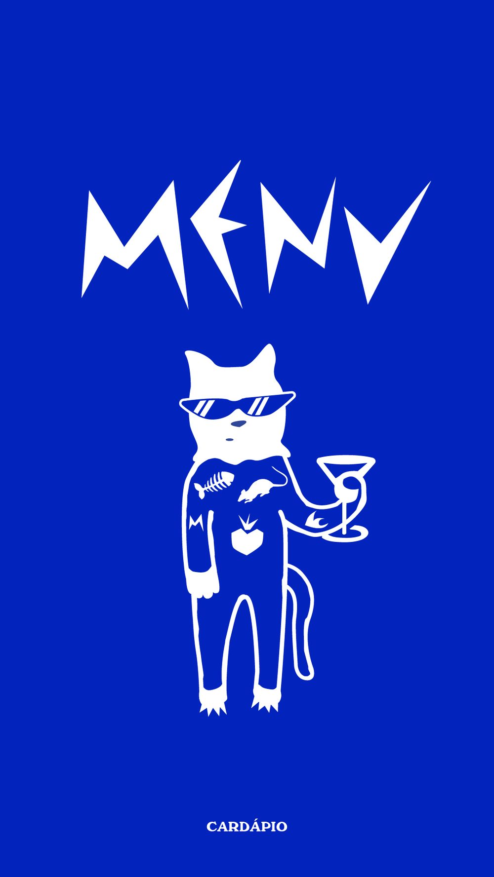 Capa do cardápio da MEOW: fundo azul cobalto, a palavra MENU no logotipo e o gato de óculos escuros com uma taça de martíni