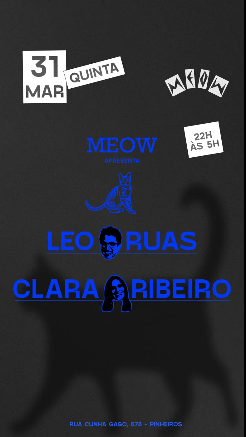 Flyer de quinta 31 de março com Leo Ruas e Clara Ribeiro