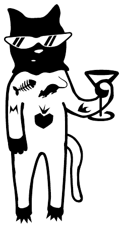 O gato tatuado de óculos escuros com uma taça de martíni