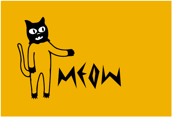 O mascote da MEOW e o wordmark em preto sobre amarelo