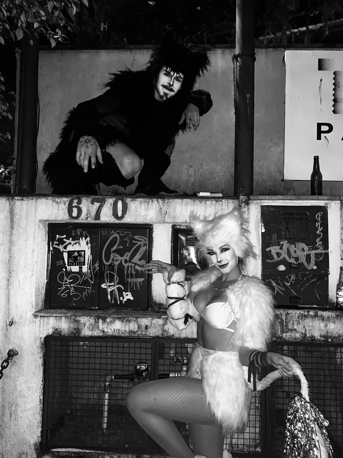 Os dois gatos do musical no muro, em preto e branco