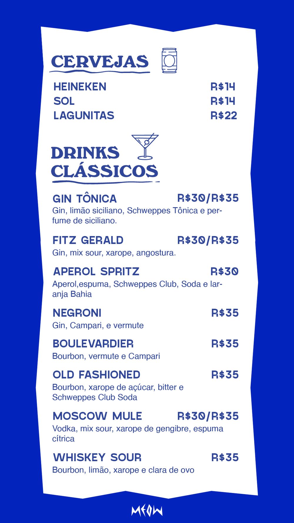 Página do cardápio com cervejas e drinks clássicos