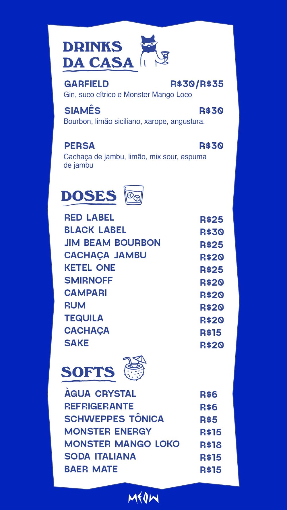 Página do cardápio com os drinks da casa Garfield, Siamês e Persa, doses e softs