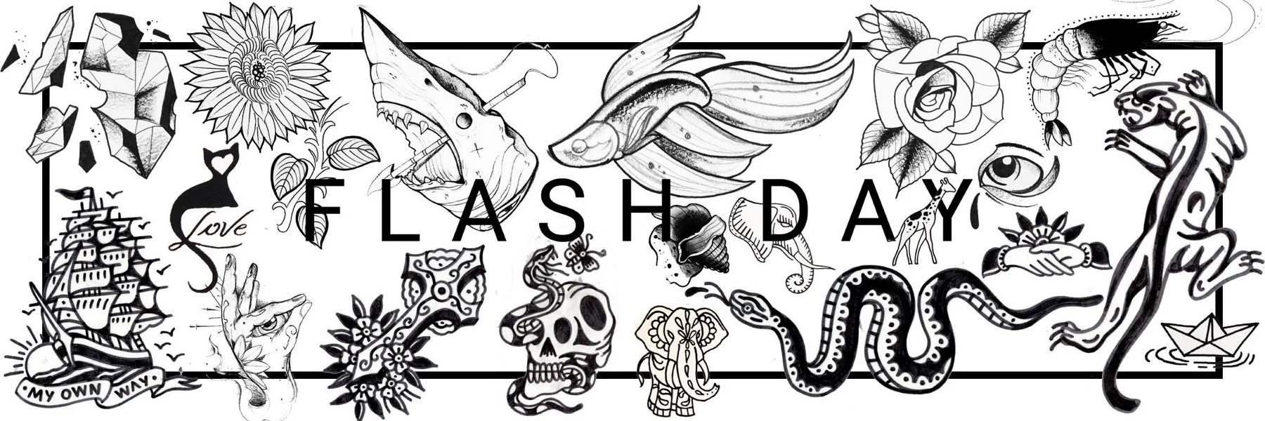 Cartela de flash art do Flash Day da SKULL, desenhos em preto e branco