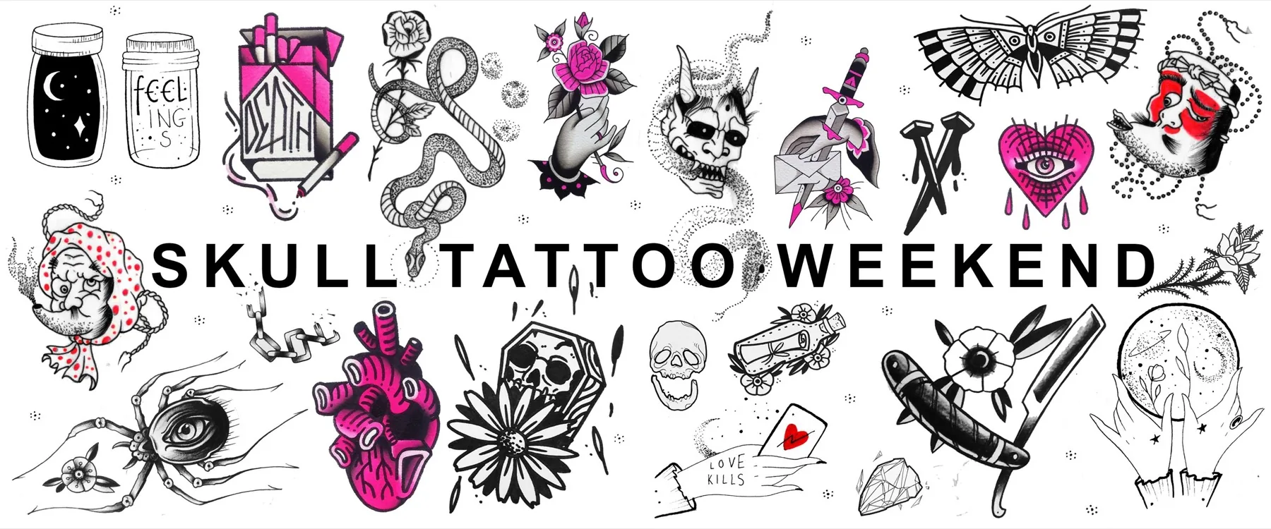 Cartela de flash art do SKULL Tattoo Weekend, com desenhos em preto e rosa